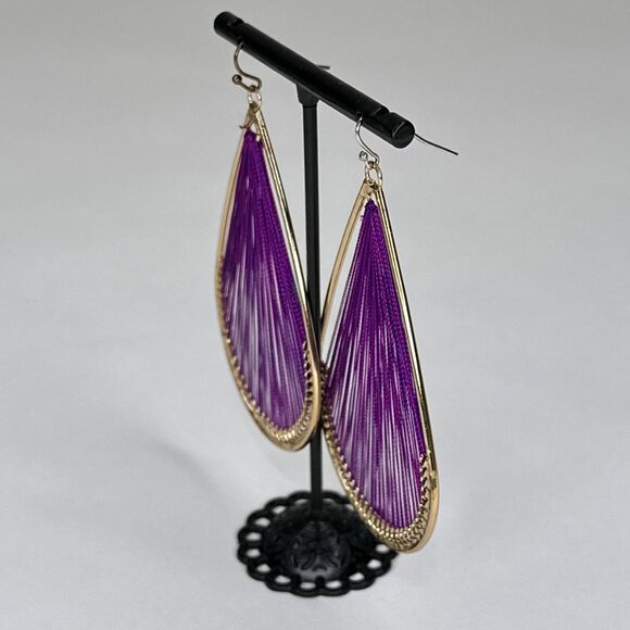Threaded‎ Faux Gold Purple Tear Drop Earrings - Picture 7 of 8